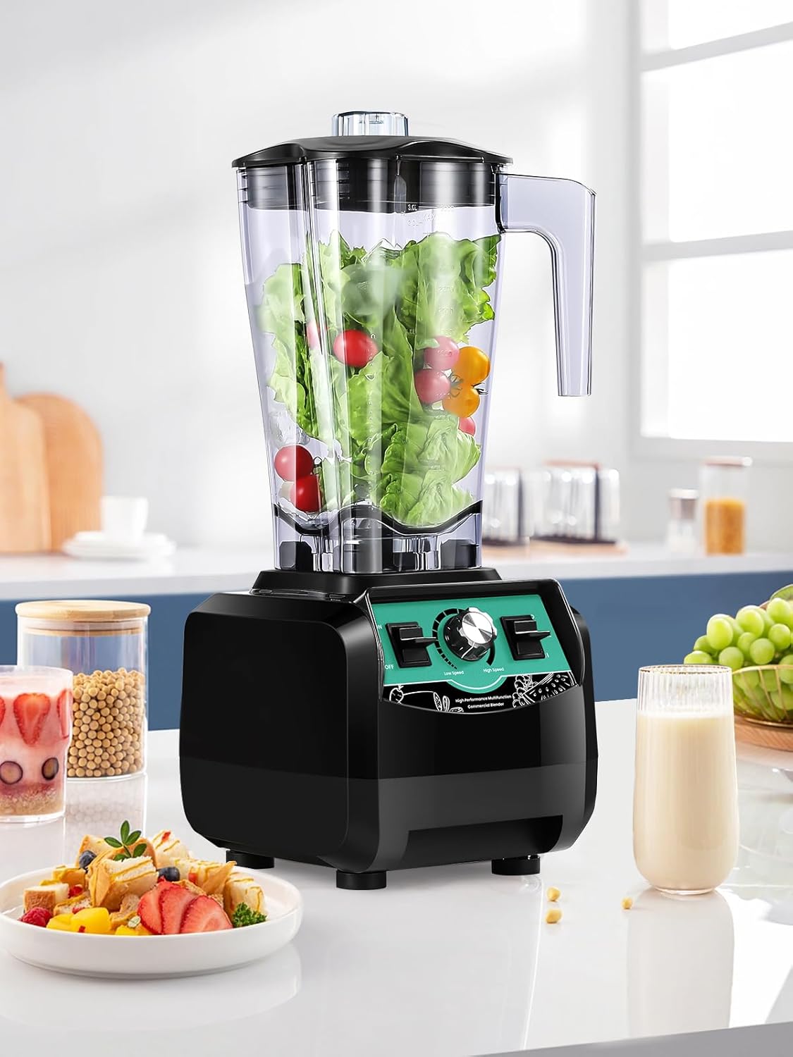 Huanyu Commerciële karafmixer, 3 liter, 2200 W, krachtige mengkraan, multifunctionele citruspers voor het hakken van ijs, fruit, groenten, smoothies, commerciële mixer