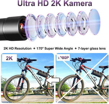 VSYSTO Fiets Camera met Temperatuurweergave, 2K Ultra Hoge Resolutie 170° Groothoek WDR Helm Dash Camera Dashcam, Afstandsbediening, Oplaadbare Waterdichte Motoractiecamera, G-Sensor