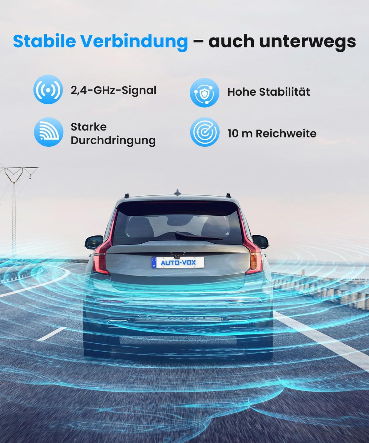 AUTO-VOX Draadloze achteruitrijcamera: 4,8 inch HD 1080P nachtzicht IP69K waterdicht eenvoudige montage achteruitrijcamera voor auto, vrachtwagen, camper, signaal