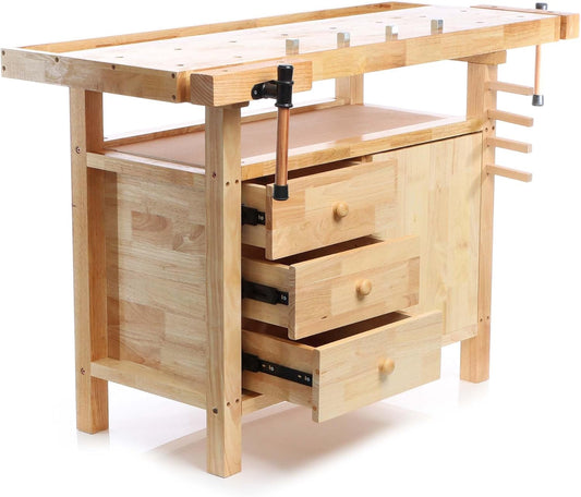 Wiltec houten werkbank 126x50x84 cm incl. spantangen, werkbankhaken, laden en apparatuurvakken