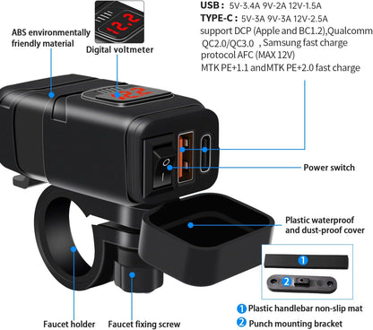 USB-stopcontact voor motorfiets, 18 W QC3.0 30 W PD USB-oplader voor motorfiets, waterdicht, snel opladen met schakelaar en led-voltmeter, US-B-stuur voor marine, auto, camper, SUV, boten