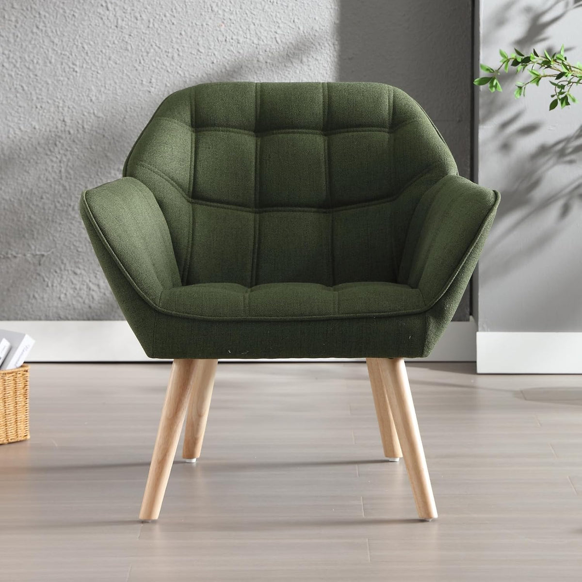 chairus Upholstered armchair with armrest Leinen single lounge chair for living room Modern armchair with wooden legs (Green-1)