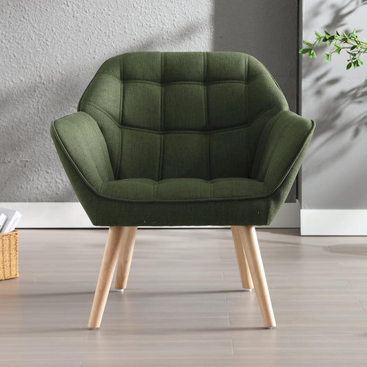 chairus Upholstered armchair with armrest Leinen single lounge chair for living room Modern armchair with wooden legs (Green-1)