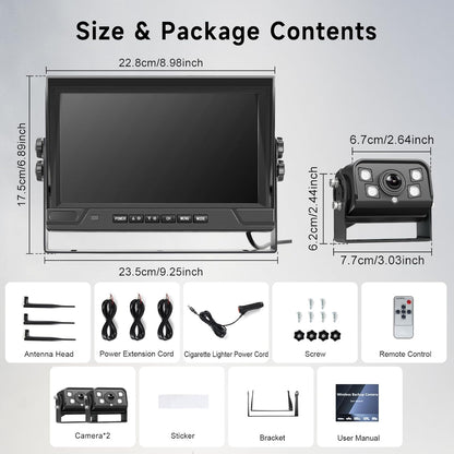 Podofo 2 draadloze achteruitrijcameraset met 9-inch IPS-scherm, HD-achteruitrijcamera's voor vrachtwagens, trailers, campers, bussen, loopopname, IP68 waterdichte BSD-dashcam