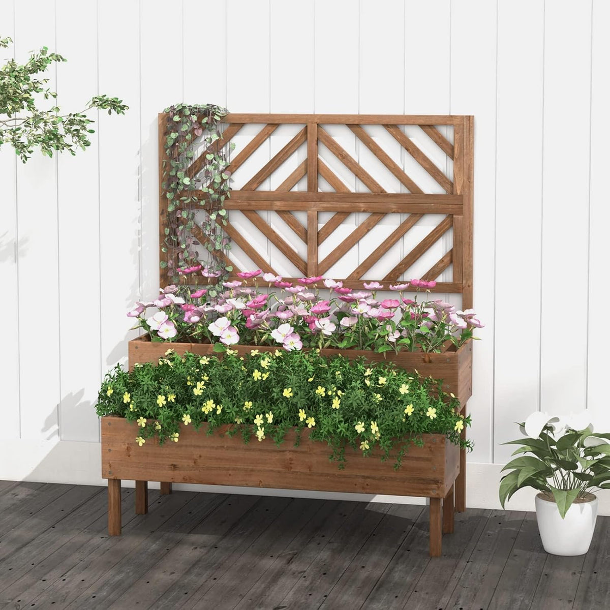 FANTASK Bloembak met latwerk van dennenhout, tuinspalier met 2 rankkasten, verhoogd bloembed met rankrooster en drainagegat, bloempot voor tuin, binnenplaats, balkon, bruin