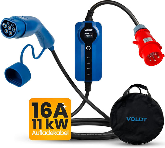 VOLDT Type 2 oplaadkabel, 11 kW, EV-oplader met CEE-stekker, 8 A - 16 A, driefasige mobiel Wallbox-laadstation met display, voor elektrische voertuigen, IP69, TÜV, CE-beschermd, draagbare oplader (10