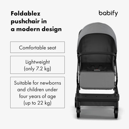 Babify Urban Ease Kinderwagen - Geboorte tot 4 jaar (22 kg), Met één hand in te klappen, Verstelbare rugleuning en voetensteun, Uitneembare bekleding, Mand, Raamzitting, Compact, Grijs