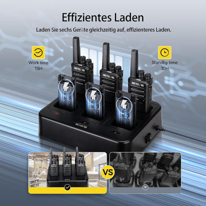 Retevis RT668 Walkie Talkie met Oortjes, PMR446 Licentievrije Radio met 6-Weg Oplader, Oplaadbare Walkie-talkies Lange Afstand, 16CH Draagbare Handheld Transceiver VOX voor Beveiliging(Zwart, 6 Stuks)