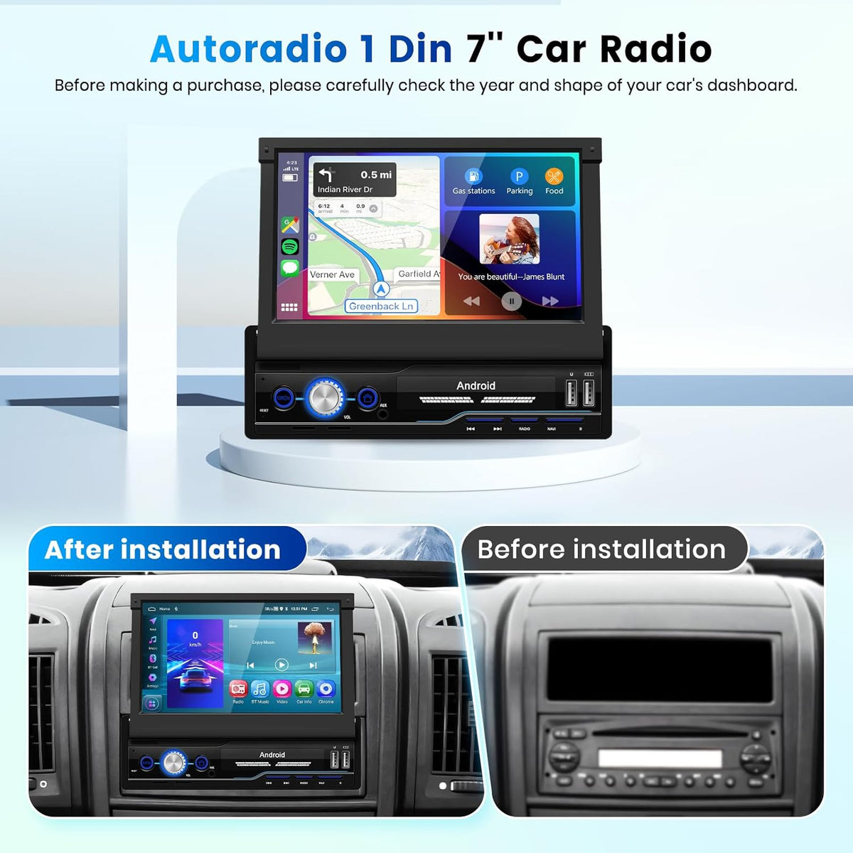 2G+64G Android Autoradio 1 Din Draadloos CarPlay Android Auto 7 inch Handmatig Inklapbaar Scherm met Mirror Link Dual Bluetooth FM/RDS/EQ WiFi Navi GPS USB Stuurwielbediening Achteruitrijcamera