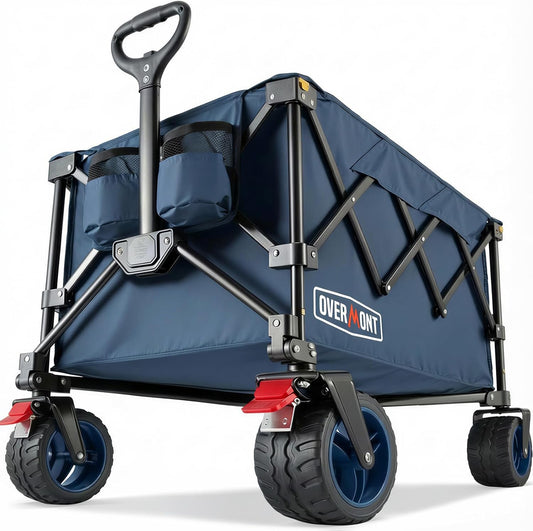 Overmont Opvouwbare bolderkar, inklapbare handwagen, met off-road brede wielen, tot 150 kg draagkracht, voor camping, sport, winkelen, tuin, blauw