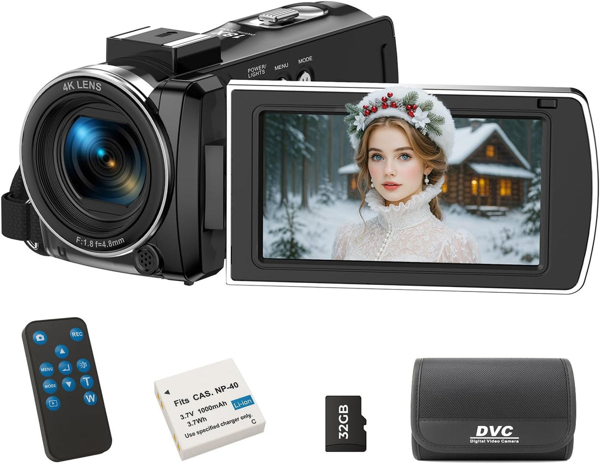Videocamera 4K 64MP met 32GB SD-Kaart, Afstandsbediening en Batterij – Camcorder – Videorecorder – Digitale Camera – Vlogcamera – 3,0 Inch 270° Draaibaar IPS-Scherm – 18X Digitale Zoom