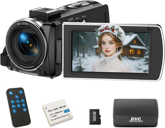 Videocamera 4K 64MP met 32GB SD-Kaart, Afstandsbediening en Batterij – Camcorder – Videorecorder – Digitale Camera – Vlogcamera – 3,0 Inch 270° Draaibaar IPS-Scherm – 18X Digitale Zoom