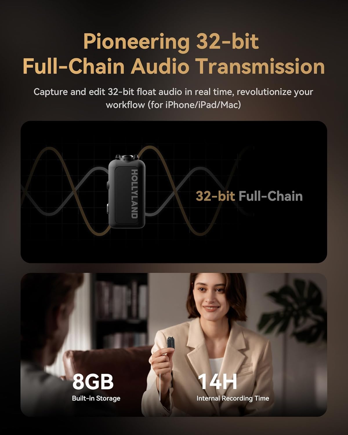 Hollyland Lark MAX 2 draadloze microfoon voor iPhone, camera en Android, AI-ruisonderdrukking, 32-bit full-chain audio, bereik 340 m, geschikt voor vloggen en streaming (1 zender + 1 camera-ontvanger)