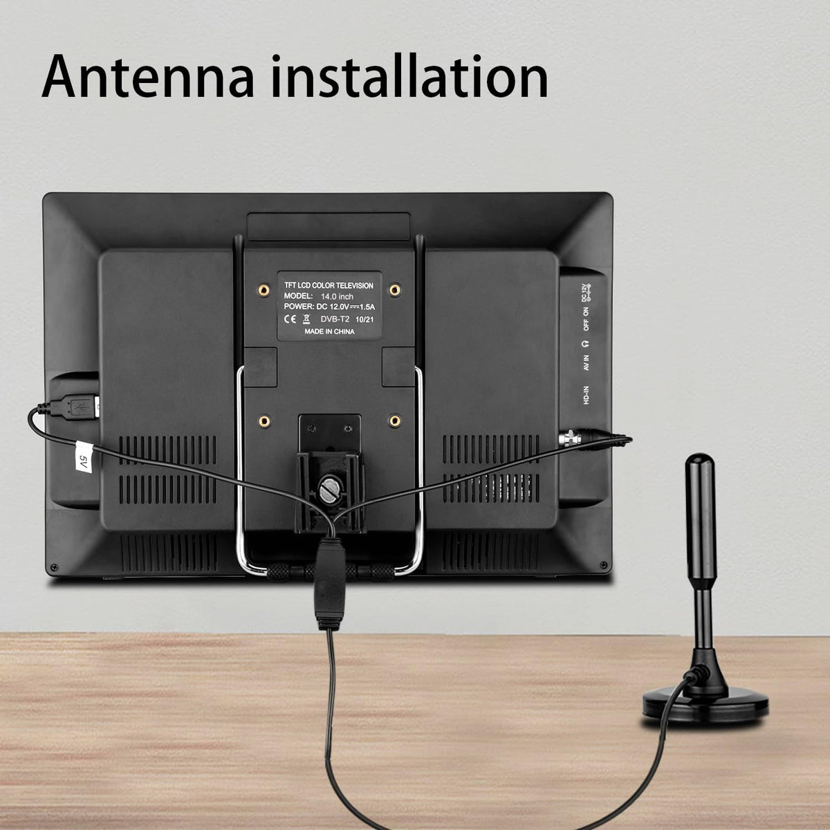 KCR 14" Met digitale TV tuner DVB-T2/batterij draagbare TV, USB, HDMI IN voor auto, caravan, camping, buiten. Kleur zwart