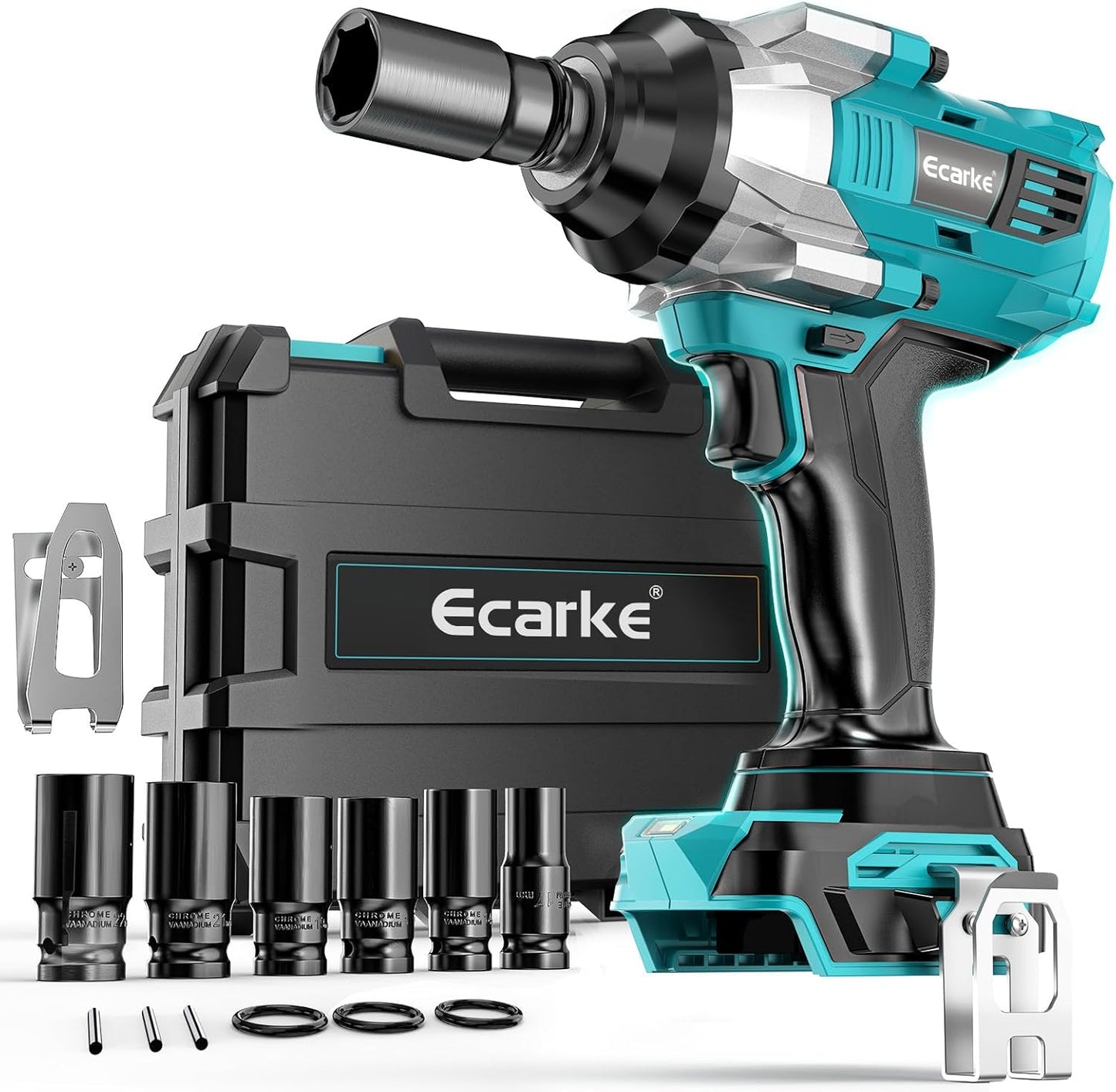Ecarke 1400 Nm Accu-slagschroevendraaier met moersleutel, set voor Makita 18 V lithium-accu, 2800 tpm, 1/2 inch borstelloze slagschroef met ledlicht, 6 doppen voor autobanden, steigerbouw (zonder accu