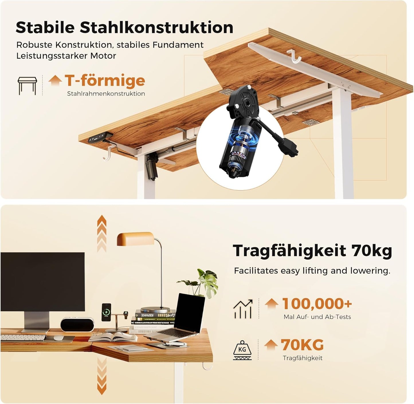 Agilestic Elektrisch sta-bureau 140 cm in L-vorm, in hoogte verstelbaar om thuis staand of zittend te werken, ergonomisch computerbureau, lichtbruin