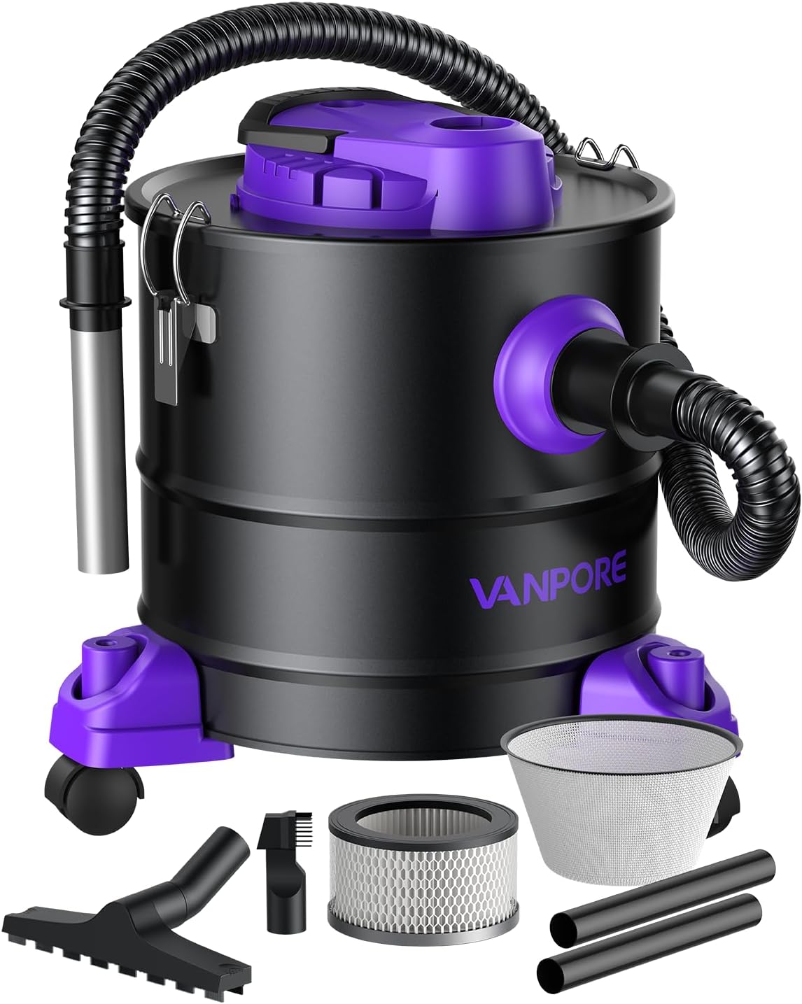 Aszuiger voor open haard, 20 l aszuiger, 1200 W sterk zuigvermogen, haardstofzuiger met rolvoet, voor open haard, pelletgrill, oven en haard, paars
