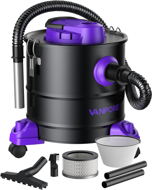 Aszuiger voor open haard, 20 l aszuiger, 1200 W sterk zuigvermogen, haardstofzuiger met rolvoet, voor open haard, pelletgrill, oven en haard, paars