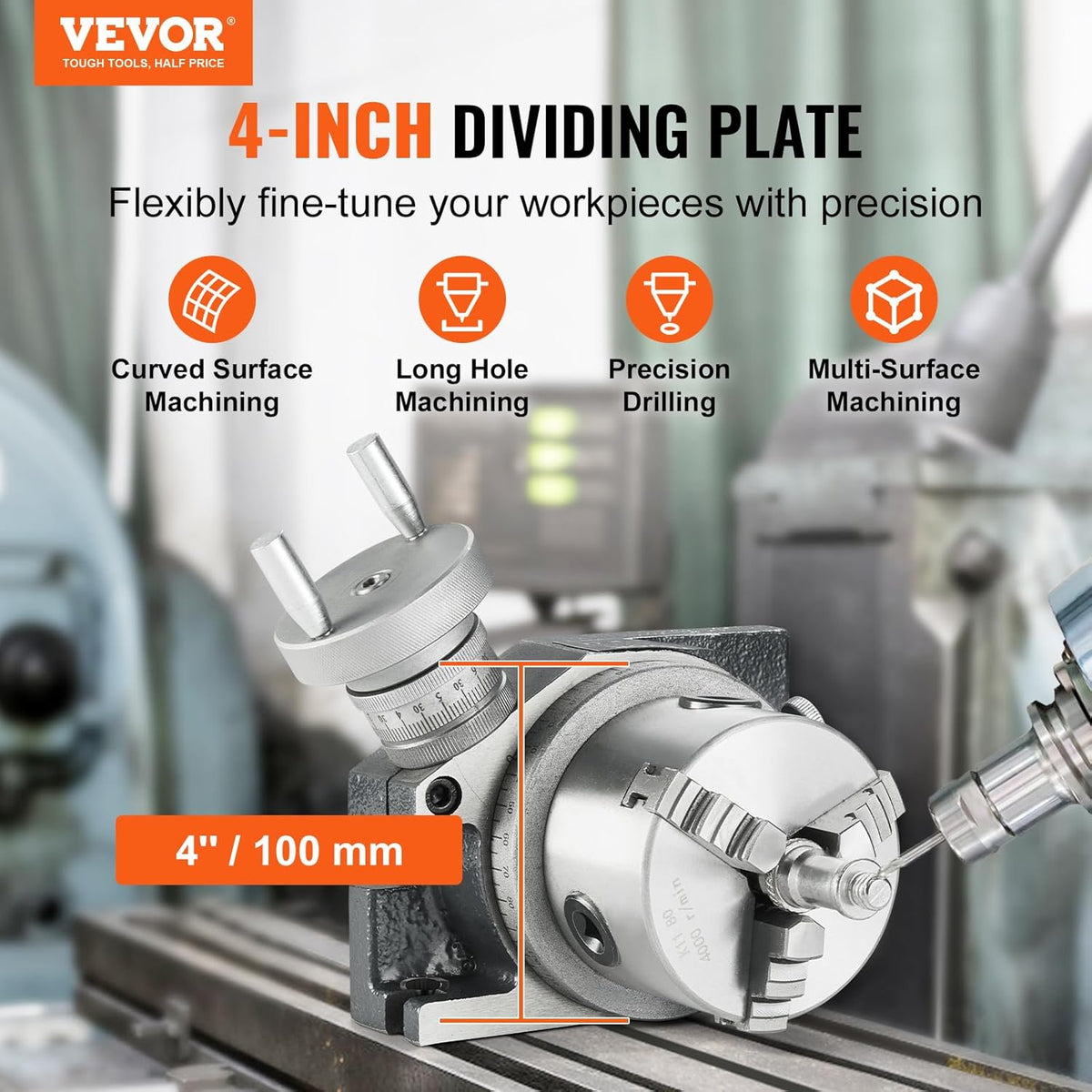 VEVOR Draaitafel voor freesmachines, 4''/ 100 mm, horizontaal verticaal model, precisie-frezen, draaitafel, met 3,1''/80 mm 3-klauwkop M10 T-bouten, voor freestechniek, indexeergereedschap