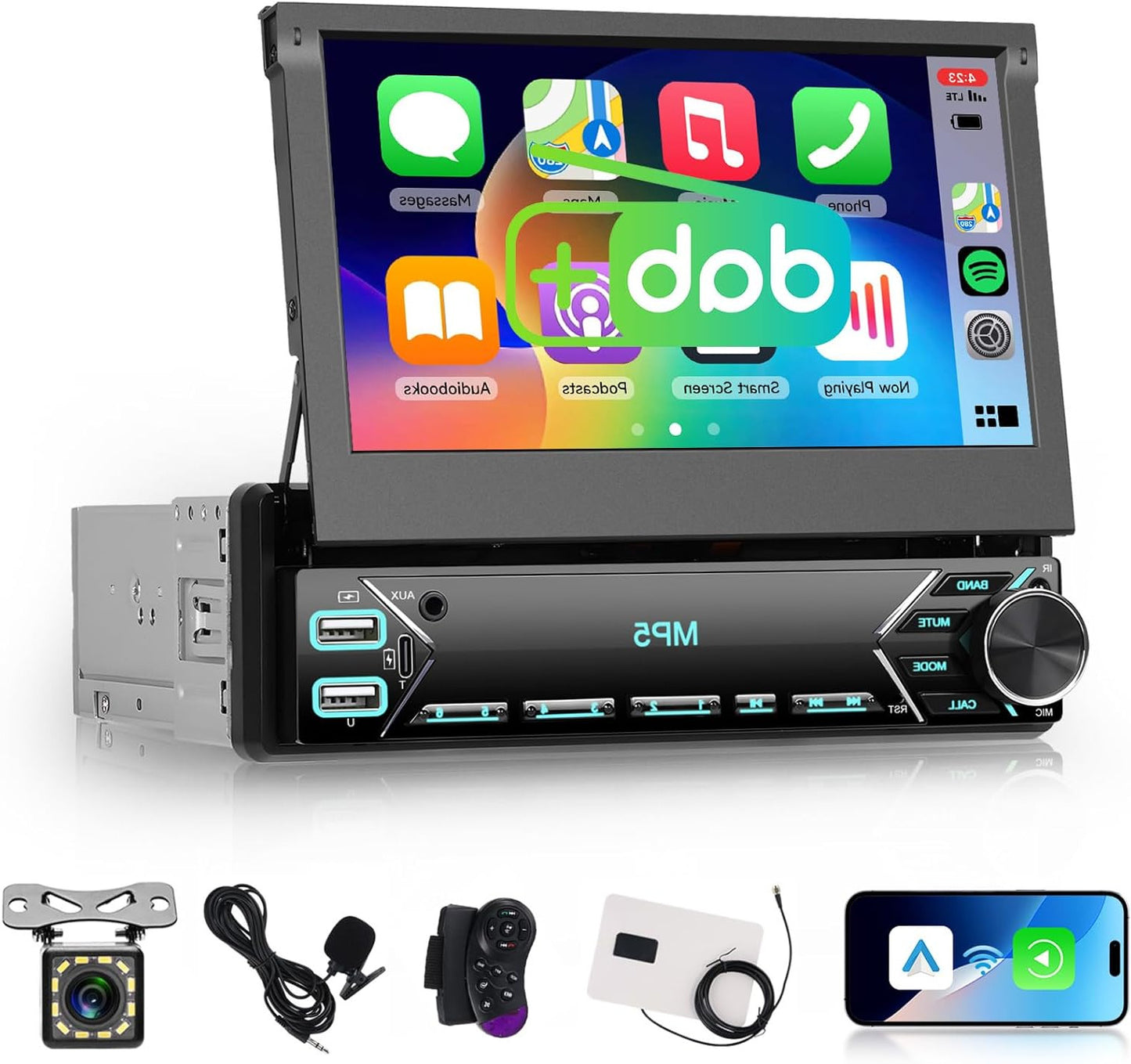 Hodozzy DAB Car Radio 1 Din with 7 Inch Screen Extendable 1 Din Flip Out Touch Screen Car Radio with CarPlay Wireless Android Car Bluetooth EQ FM Radio USB Type C SWC + Rear View Camera - QUORE