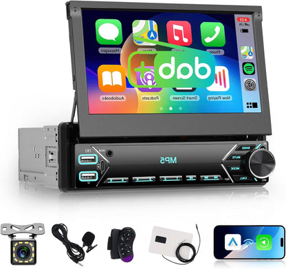 Hodozzy DAB Car Radio 1 Din with 7 Inch Screen Extendable 1 Din Flip Out Touch Screen Car Radio with CarPlay Wireless Android Car Bluetooth EQ FM Radio USB Type C SWC + Rear View Camera - QUORE