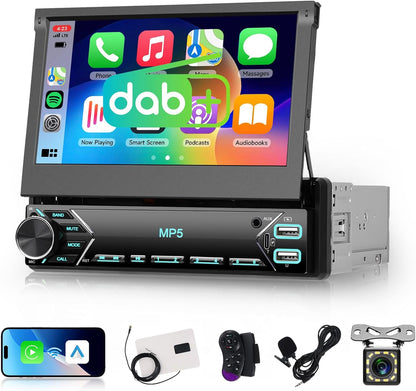 DAB Autoradio – 1-DIN Autoradio – Multimedia Autoradio – Touchscreen Autoradio – Autoradio met Scherm – 7 Inch Uitklapbaar IPS Touchscreen – Wireless CarPlay & Android Auto – Met Achteruitrijcamera