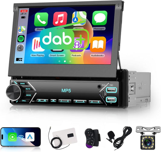 DAB Autoradio – 1-DIN Autoradio – Multimedia Autoradio – Touchscreen Autoradio – Autoradio met Scherm – 7 Inch Uitklapbaar IPS Touchscreen – Wireless CarPlay & Android Auto – Met Achteruitrijcamera