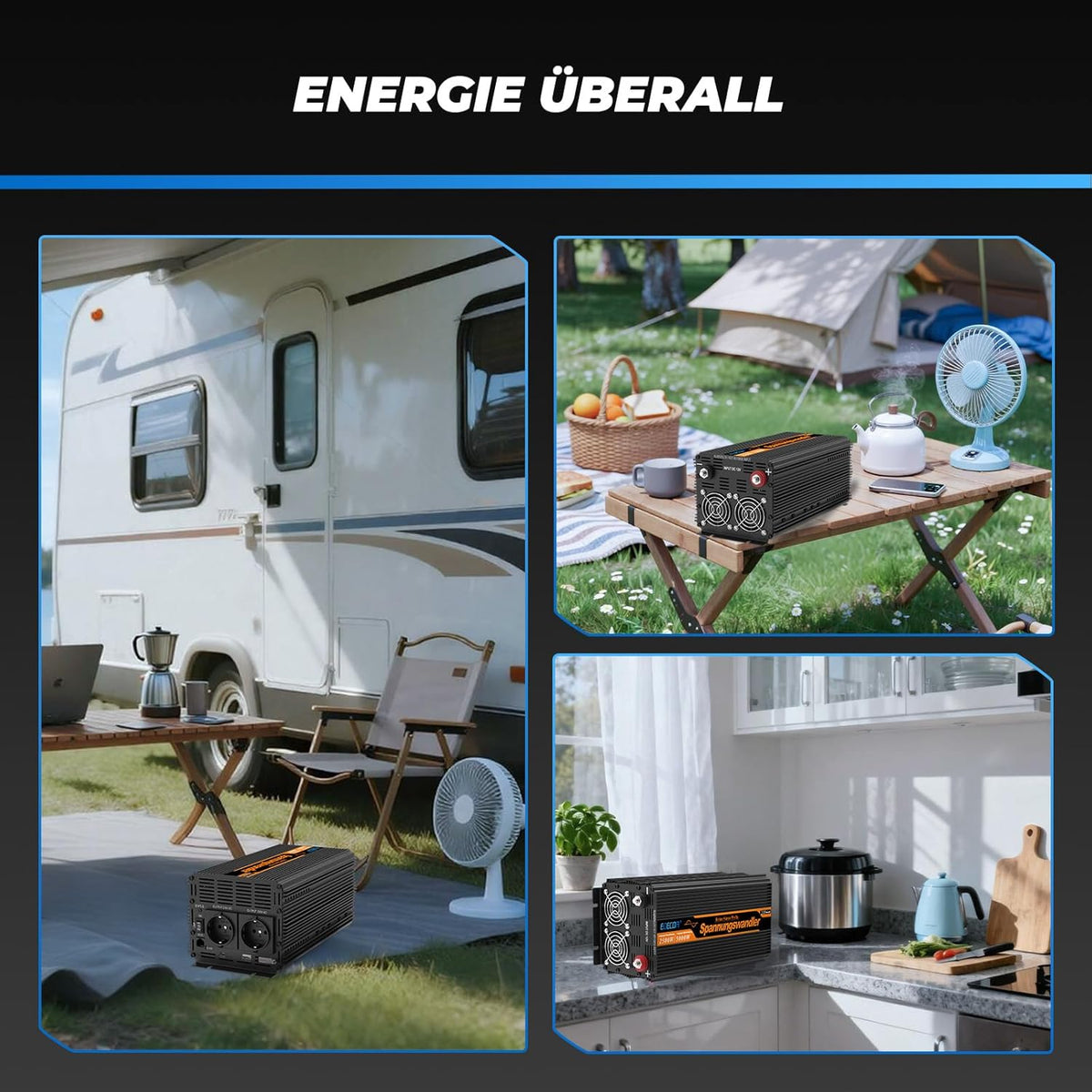 EDECOA 12 V 230 V omvormer, 2500 W/5000 W, 12 V naar 230 V, zuivere sinusgolf, omvormer met wifi-module, ondersteuning voor app-functies met 1 USB-poort en 1 PD-aansluiting