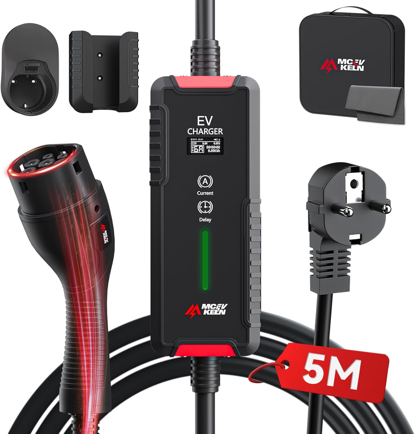 Oplader Type 2 – Elektrische Autolader – EV Oplaadkabel – Laadkabel – EVSE Kabel – 3,6 kW Vermogen – Uitgestelde Laadstart & Instelbare Laadstroom 6-16A – IP65 Waterdicht – 5 Meter Met Draagtas