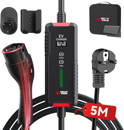 Oplader Type 2 – Elektrische Autolader – EV Oplaadkabel – Laadkabel – EVSE Kabel – 3,6 kW Vermogen – Uitgestelde Laadstart & Instelbare Laadstroom 6-16A – IP65 Waterdicht – 5 Meter Met Draagtas