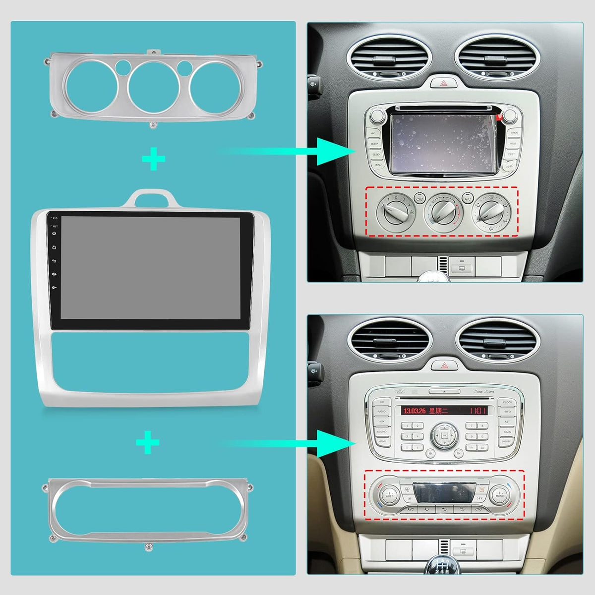 Android Car Radio for Ford Focus Exi MT 2 3 Mk2 Mk3 2004-2011 with Wireless Carplay & Android Car - 9 Inch Touch Screen Car Radio with WiFi GPS Mirror Link DSP FM/RDS SWC+ AHD Backup Camera