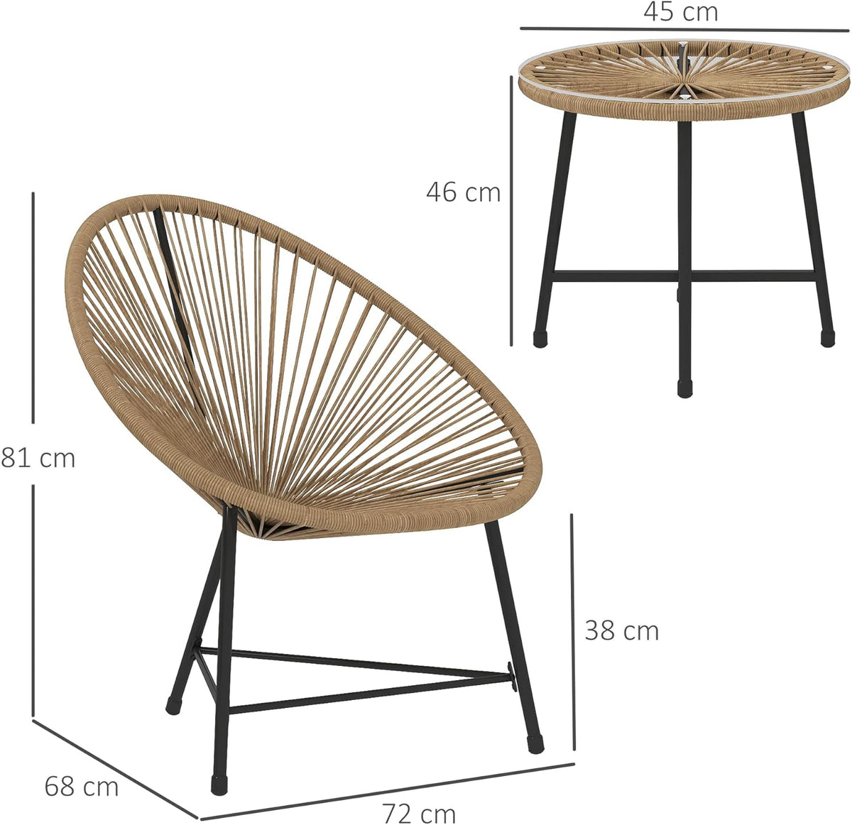 Outsunny Polyrattan Gartenmöbel Set, Outdoor Lounge Balcony for 2 Persons, 3-teilig Sitzgruppe mit 2 Stühle, Tisch, wetterfest Gartenlounge für Garten, Terrasse Balcony, Naturholz - QUORE
