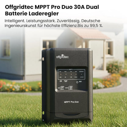 Offgridtec® MPPT Pro Duo laadregelaar 30A 12V 24V voor twee batterijcircuits. App beschikbaar voor Android.