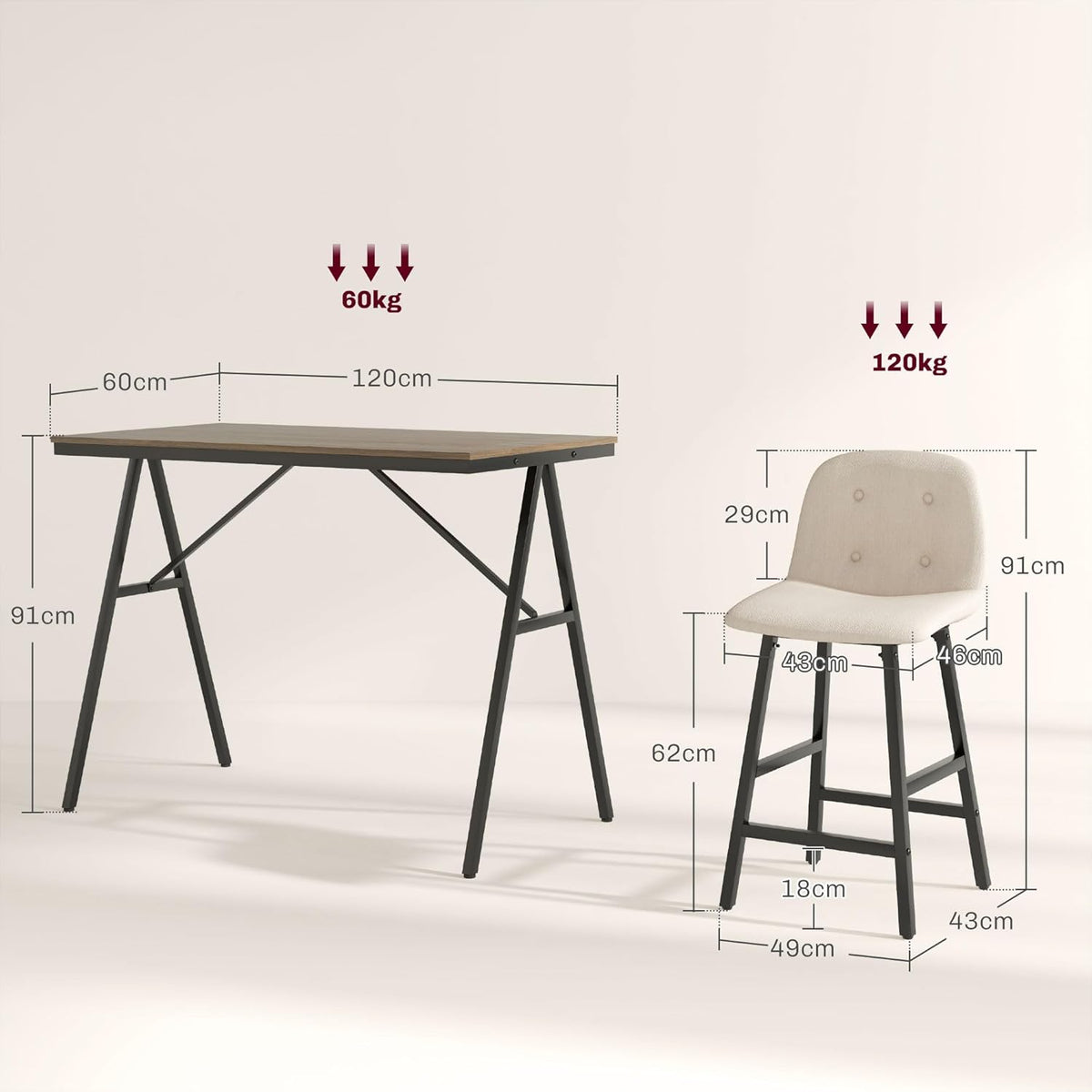 HOMCOM Bartisch mit Barhocker Set, 5-teilige Essgruppe, Küchentisch, Bistrotisch mit 4 Pieces, Bartisch Set für Küche, Wohnzimmer, Stahl, Beige, 120 x 60 x 91 cm - QUORE