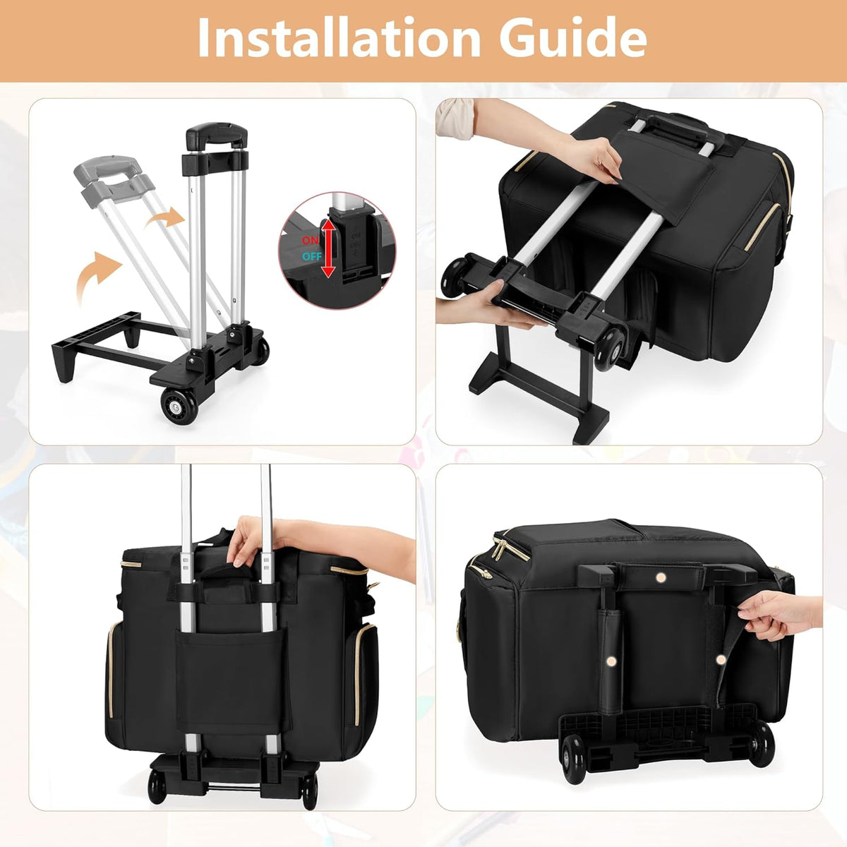 Rollende Scrapbooktas – Opbergtas Met Wielen – Knutselwagen – Organizer – Trolley – Zwart – 41,5 x 22 x 31,5 cm – Gevoerd Laptopvak En Stevige Constructie