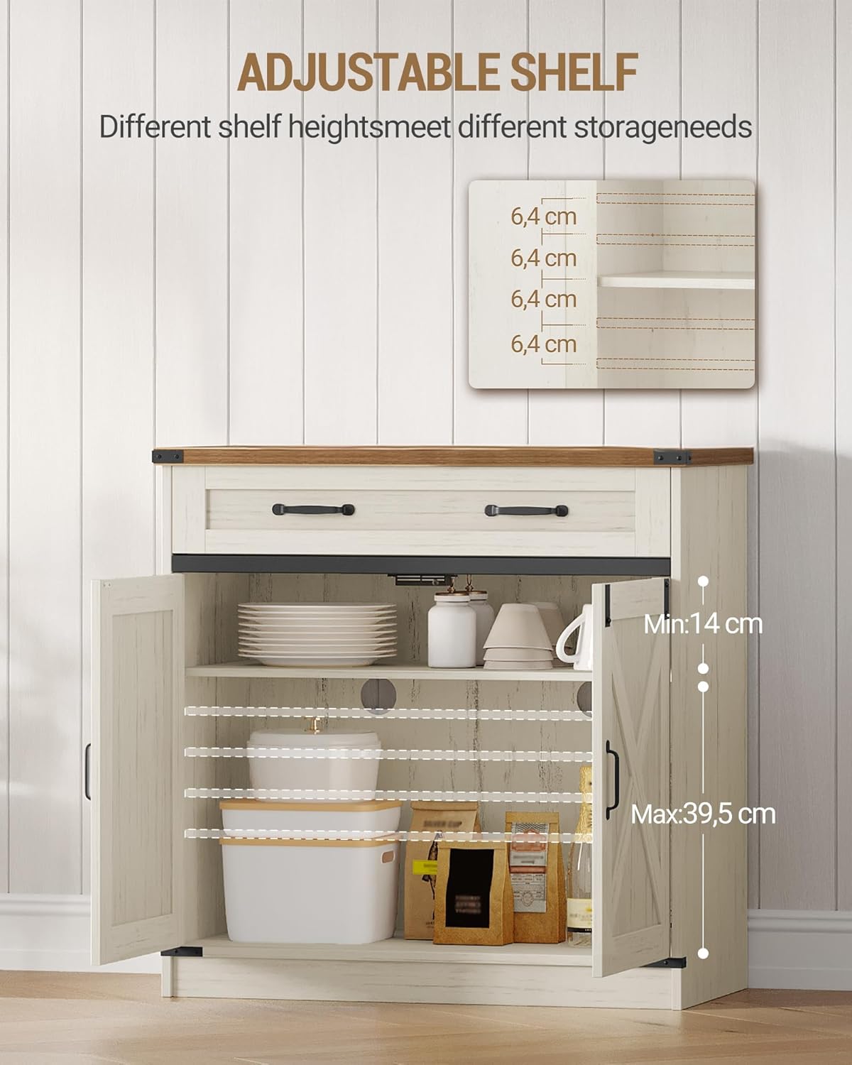 Hzuaneri Kitchen Cabinet, Sideboard with Drawer, Storage Cabinet with 2 Doors, Adjustable Shelves, Country House Style, Kitchen, Living Room, 40 x 80 x 80 cm, Vintage Brown-White SC84814X