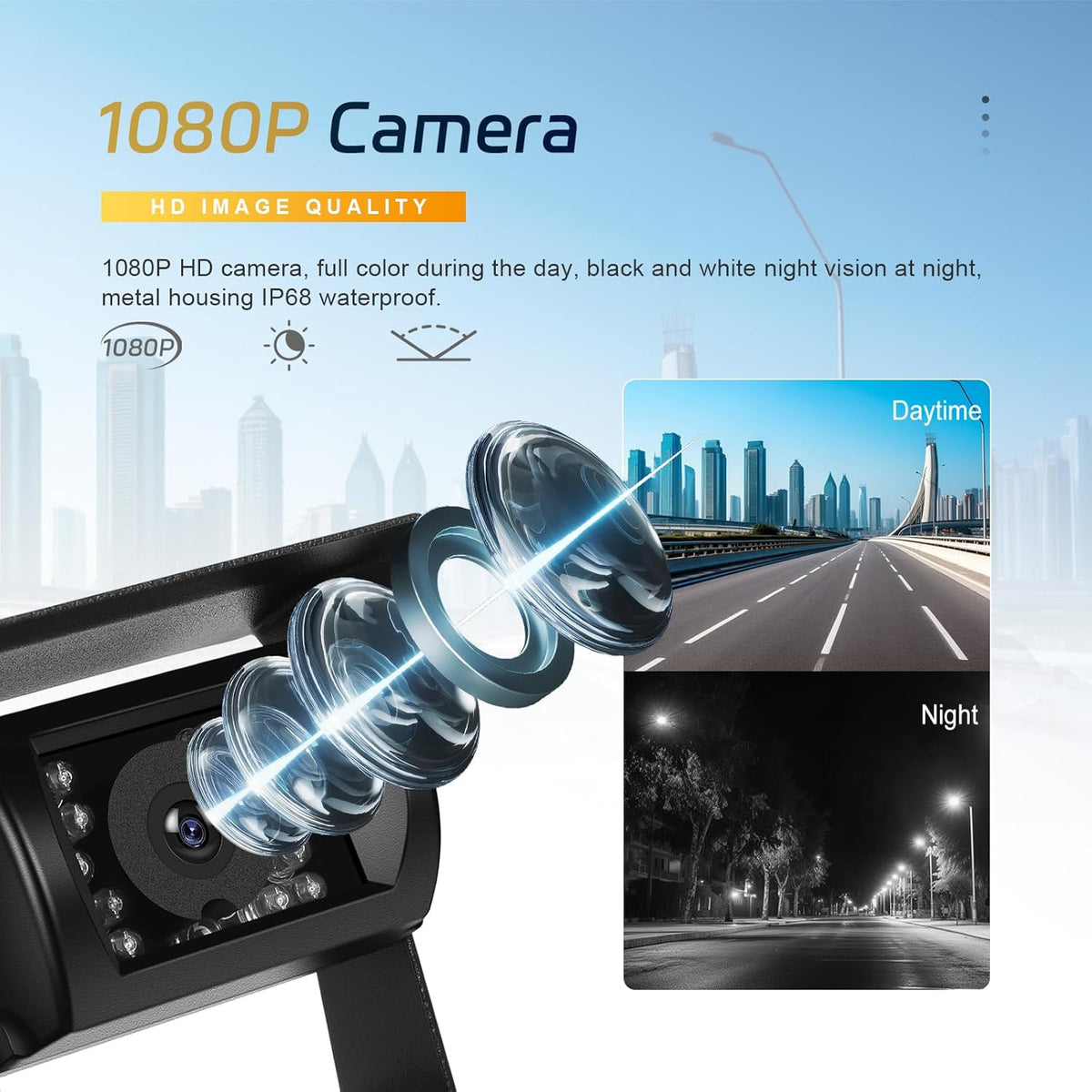 Dual draadloze achteruitrijcamera, IPS-monitor 7 inch, 1080p digitale groothoek voor nachtzicht, waterdicht IP68, achteruitrijcamera set met gesplitst display, dode hoek waarschuwing 12-36 V