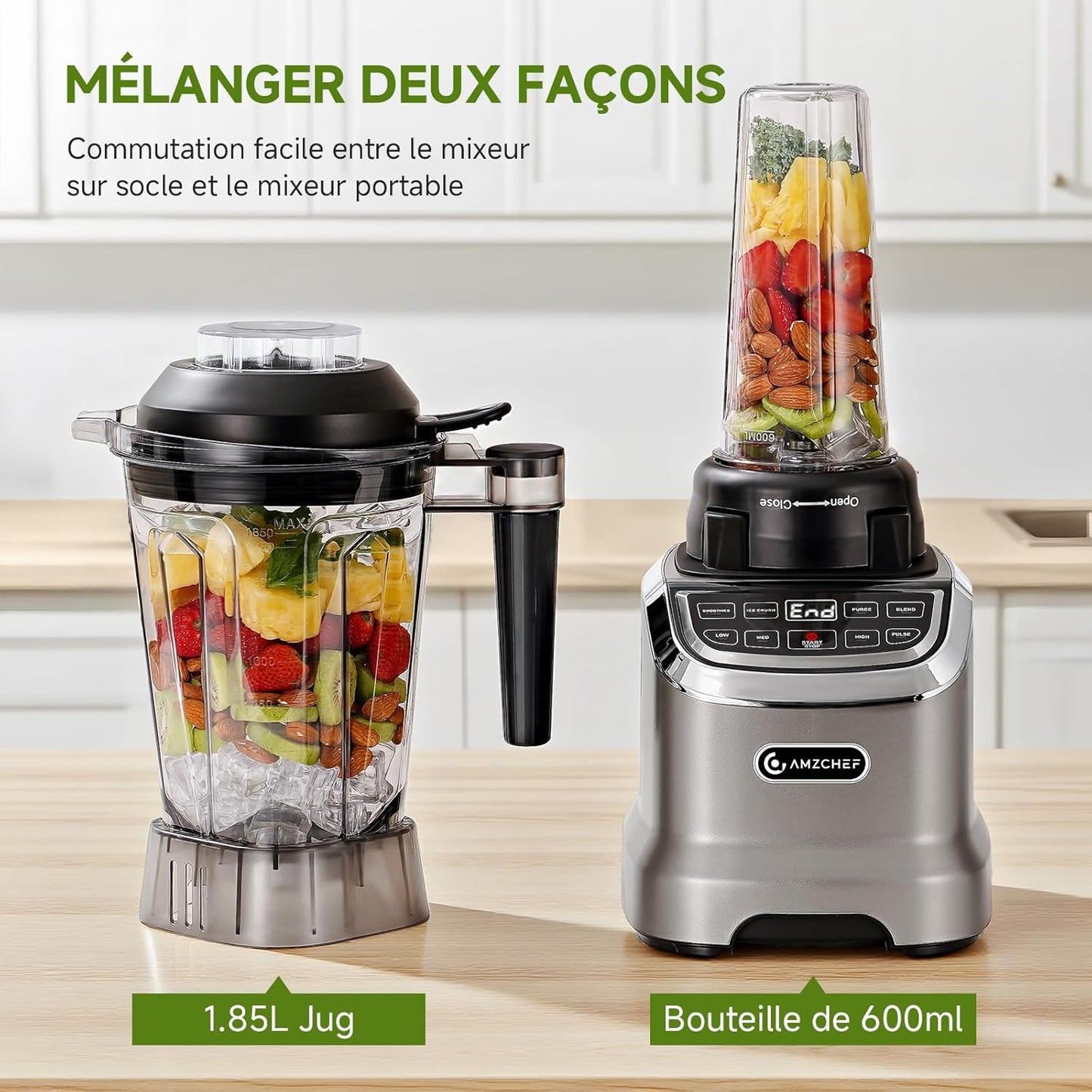 AMZCHEF Professionele smoothiemixer 1,85 liter met 6 messen, 600 ml, BPA 1,85 l en 600 ml individuele glazen mixer voor 2 mengmodi 1800 W