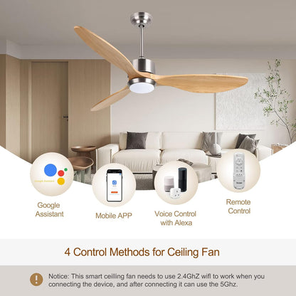 Ovlaim 132cm massief houten plafondventilatoren met verlichting Afstandsbediening, Stille DC Motor 3 Blade Propeller Slimme Plafondventilator, Binnen Woonkamer Slaapkamer, Natuur & Zilver