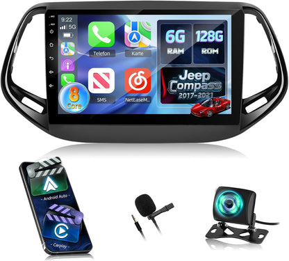 NHOPEEW 8 Core 6+128G Android autoradio voor Jeep Compass 2017-2019 met Wireless Carplay & Android Auto DSP WiFi GPS stuurbediening 360°-panoramisch zicht