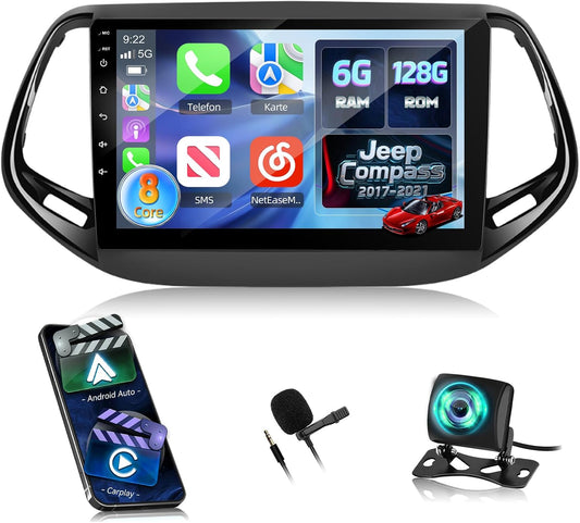 NHOPEEW 8 Core 6+128G Android autoradio voor Jeep Compass 2017-2019 met Wireless Carplay & Android Auto DSP WiFi GPS stuurbediening 360°-panoramisch zicht