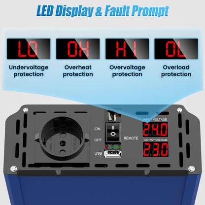 2000 W omvormer, 24 V naar 230 V, zuivere sinus, spanningsomvormer power inverter DC-omvormer met afstandsbediening, AC-stopcontacten, USB-poorten en beeldscherm, led voor camper