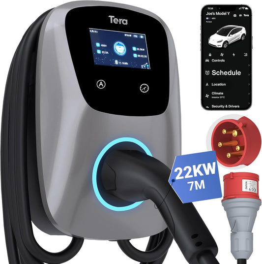 Tera EV oplader Smart APP met 16-32A type 2 22kW of 11kW of 22kW thuis laadstation 400V CE & TÜV Wallbox 7 m oplaadkabel met laderhouder app-besturing CEE 3-fasen stekker W01, zilver