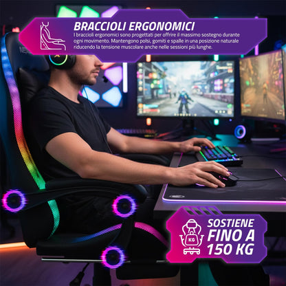 Wintem Gamingstoel met uittrekbare voetensteun, dubbel kussen en RGB-USB-ledlampjes voor absoluut comfort en futuristisch design, ideaal voor gaming, studio en kantoor