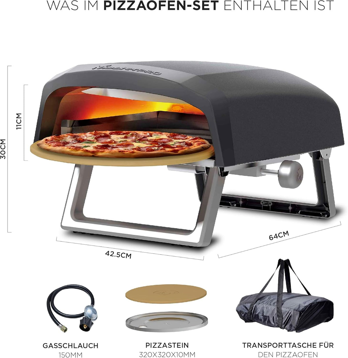MasterPRO Napoli Draagbare gas-draaide-pizzaoven, snel en gelijkmatig garen, vermogen tot 500 °C, pizza's in 60 seconden klaar, draagtas en stenen dienblad inbegrepen