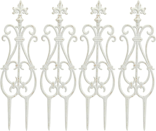 Sungmor Decoratieve gietijzeren bloembedomheining, 28 inch hoge vintage tuinrand rand, 4-pack zware landschapspiketomheiningspanelen, buitenplantenondersteuning tuinspel, Victoriaanse tuin gazon decor