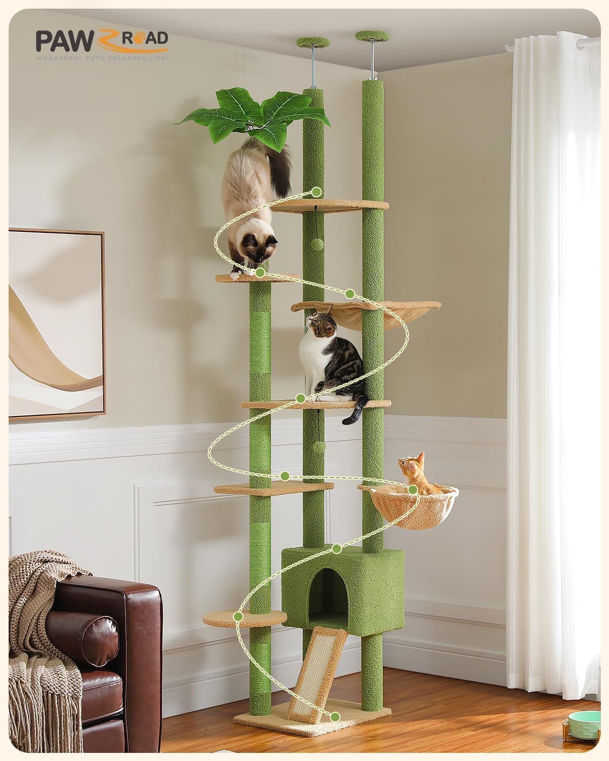 PAWZ Road High Cat Tree Floor to Ceiling Cat Tower Cactus with Adjustable Height (230-252cm), Cat Climbing Activity Center with Scratching Posts, Apartment, Cozy Hammock and Dangling Balls for - QUORE