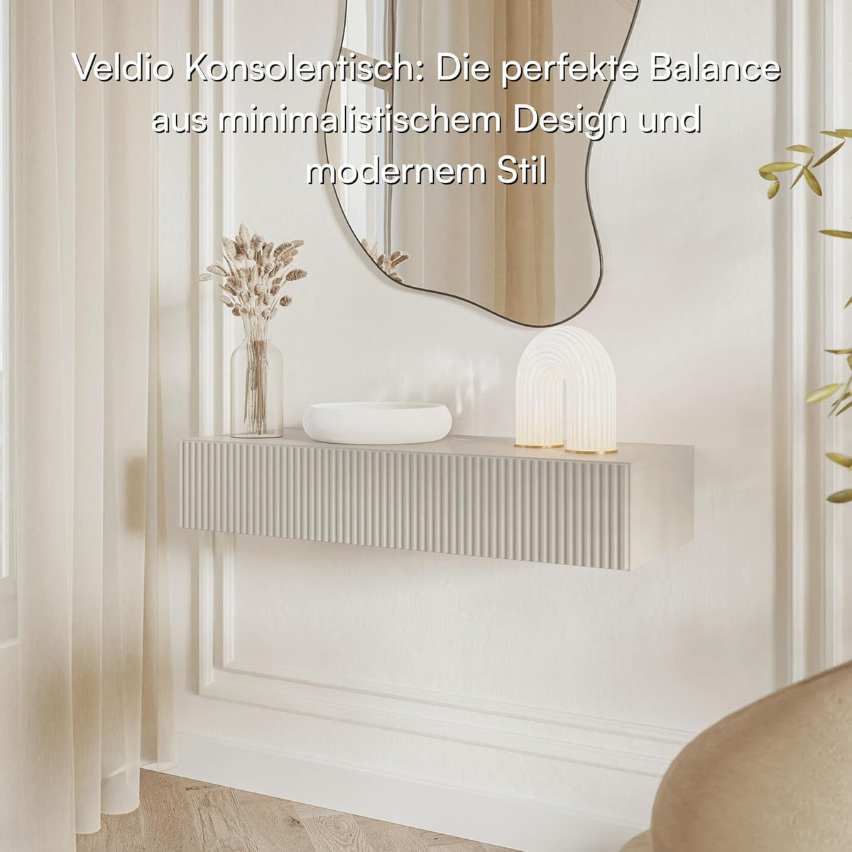 Selsey Zwevende Consoletafel 90 cm grijs taupe met lade en lamellenfront, moderne wandconsole met push-to-open, smalle sidetable hal slaapkamer woonkamer, console table met opbergruimte