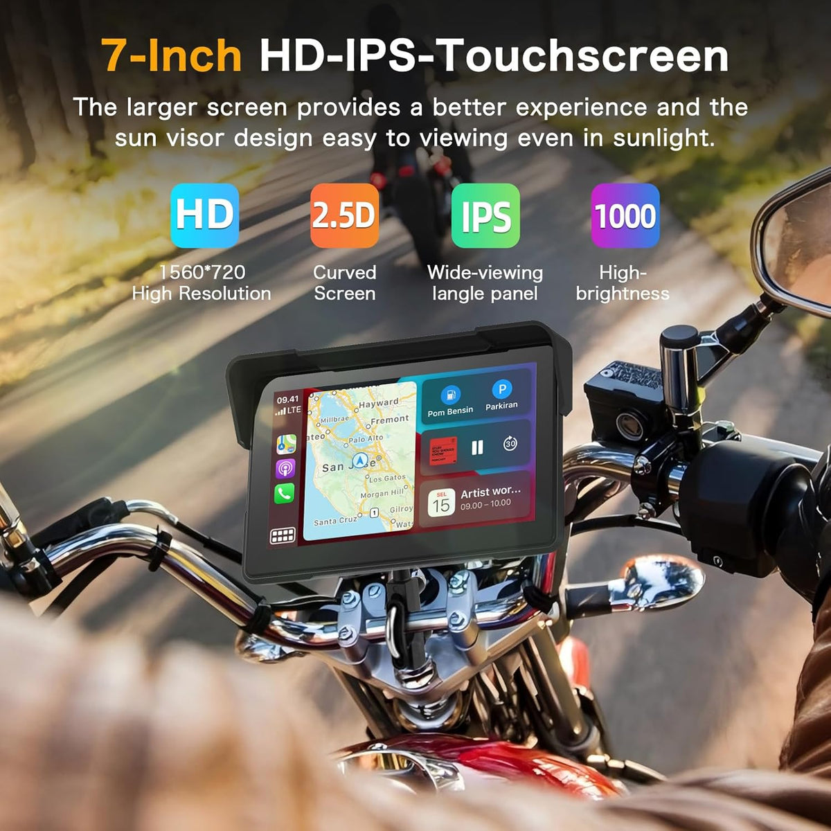 Moto Carplay Écran 7 Pouces Plus Grand 4K+1080P Double Caméra Dash Cam Moto Carplay Android Auto Écran Étanche Carplay Moto Écran GPS Navi Double-Bluetooth Commande Vocale Siri Carte 64GB