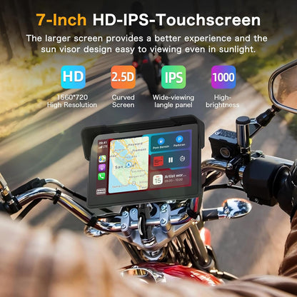 Moto Carplay Écran 7 Pouces Plus Grand 4K+1080P Double Caméra Dash Cam Moto Carplay Android Auto Écran Étanche Carplay Moto Écran GPS Navi Double-Bluetooth Commande Vocale Siri Carte 64GB